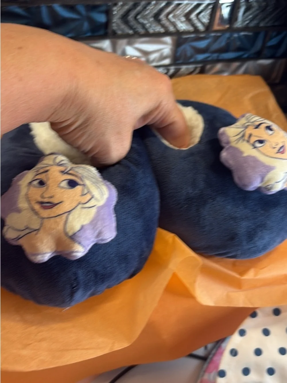Disney Navy and Purple Elsa Plush Slip-On Slippers for Kids
